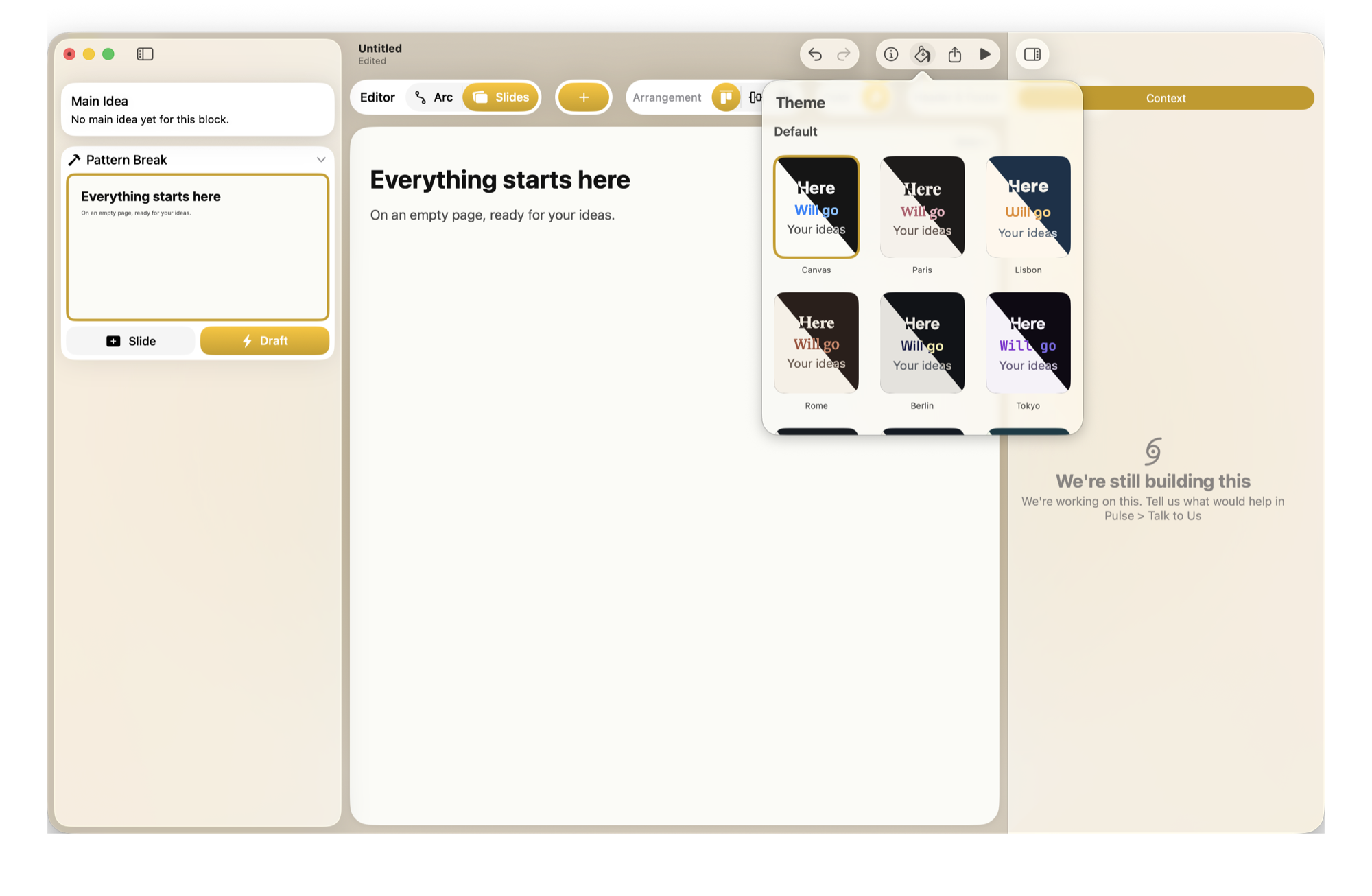 Lantr — the block stream beside the rendered slide, with the theme menu open