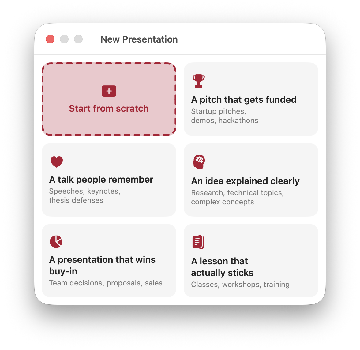 Lantr — the New Presentation window: start from scratch, or pick the outcome you're after